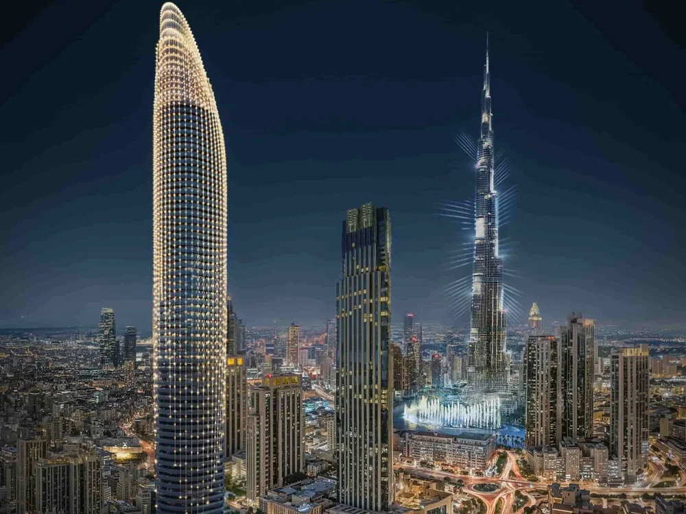 Binghatti Skyblade properties for sale Dubai – iconic illuminated tower silhouette in Downtown Dubai