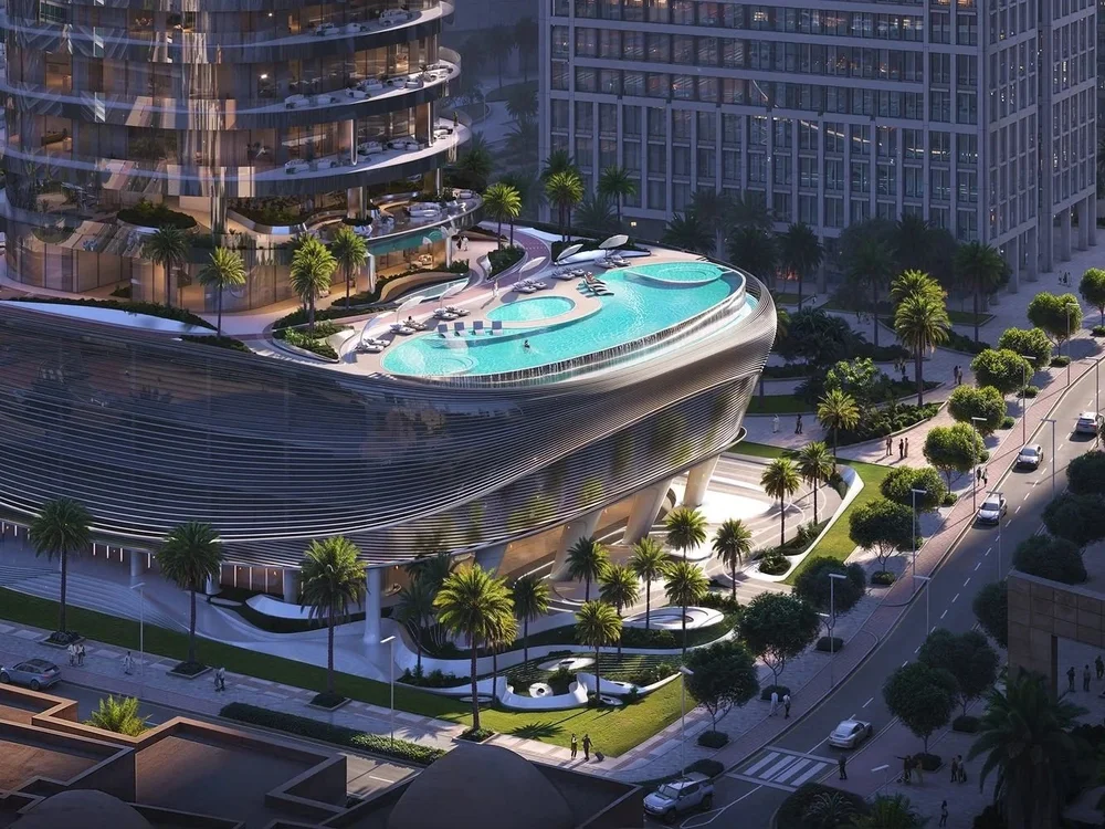 Properties for sale Dubai Binghatti Skyblade - rooftop infinity pool with Downtown Dubai skyline backdrop