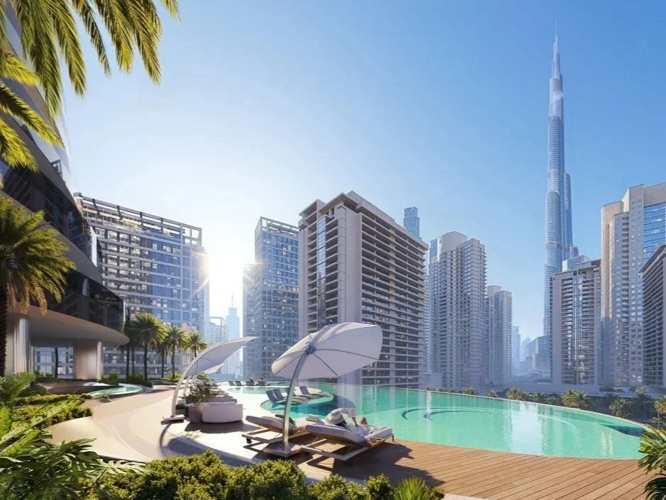 Binghatti Skyblade properties for sale Dubai – pool set among city towers with skyline views