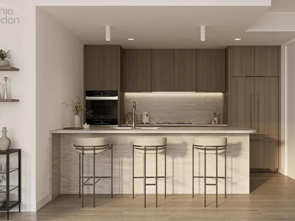 Gold Coast Apartment For Sale, premium kitchen with stone benchtops, integrated appliances, and dark palette timber joinery