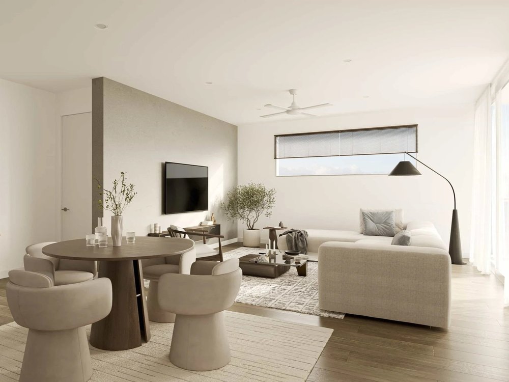 Gold Coast Apartment For Sale, open plan living and dining with neutral coastal styling