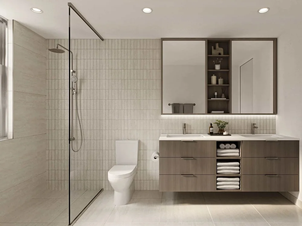 Gold Coast Apartment For Sale, ensuite with large format tiles and vertical feature tiling