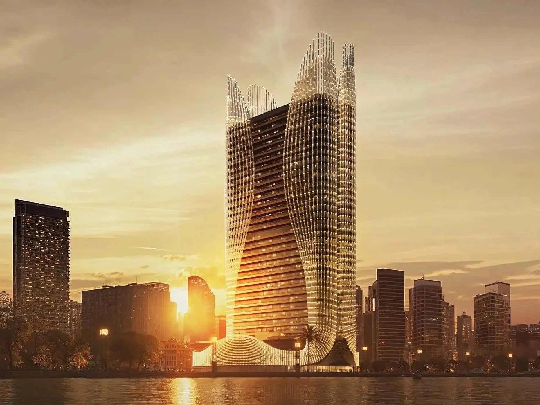 Skyhall Binghatti tower exterior at sunset, luxury properties for sale in Dubai skyline