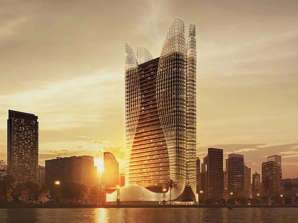 Binghatti Skyhall tower exterior at sunset, luxury apartments in Business Bay, Dubai