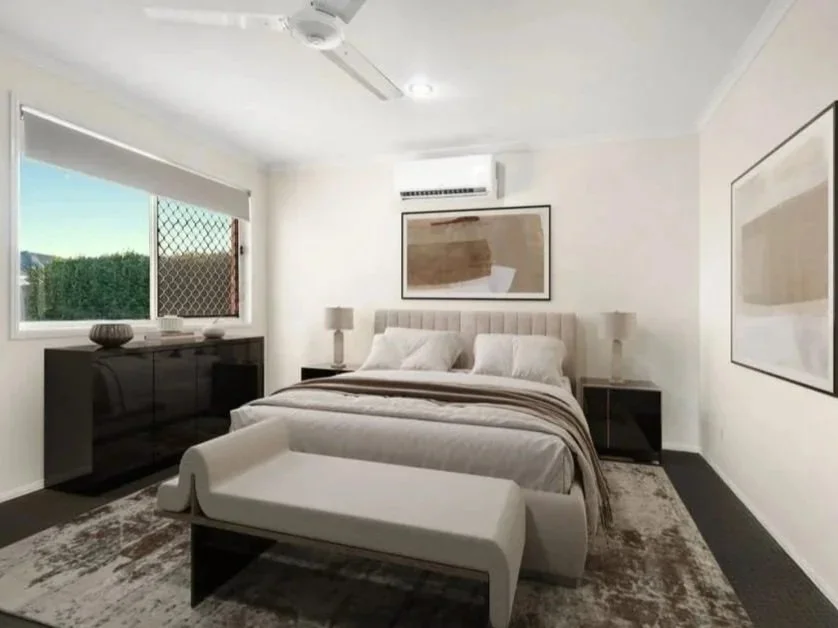 Main bedroom with air conditioning, ceiling fan and soft natural light at 13 Turquoise Crescent Griffin secured through NSRE buyer advocacy.
