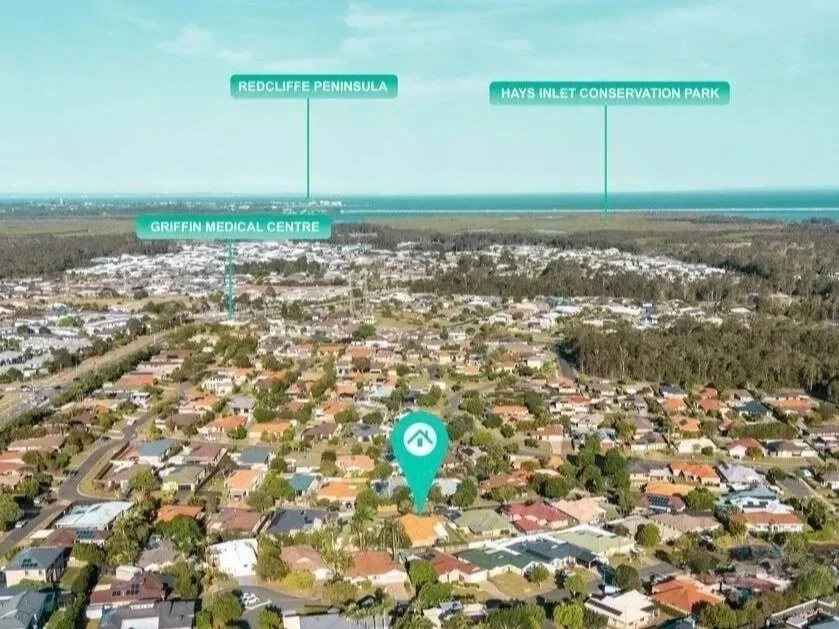 Aerial view showing location of 13 Turquoise Crescent Griffin near Redcliffe Peninsula, Hays Inlet Conservation Park and Griffin Medical Centre.