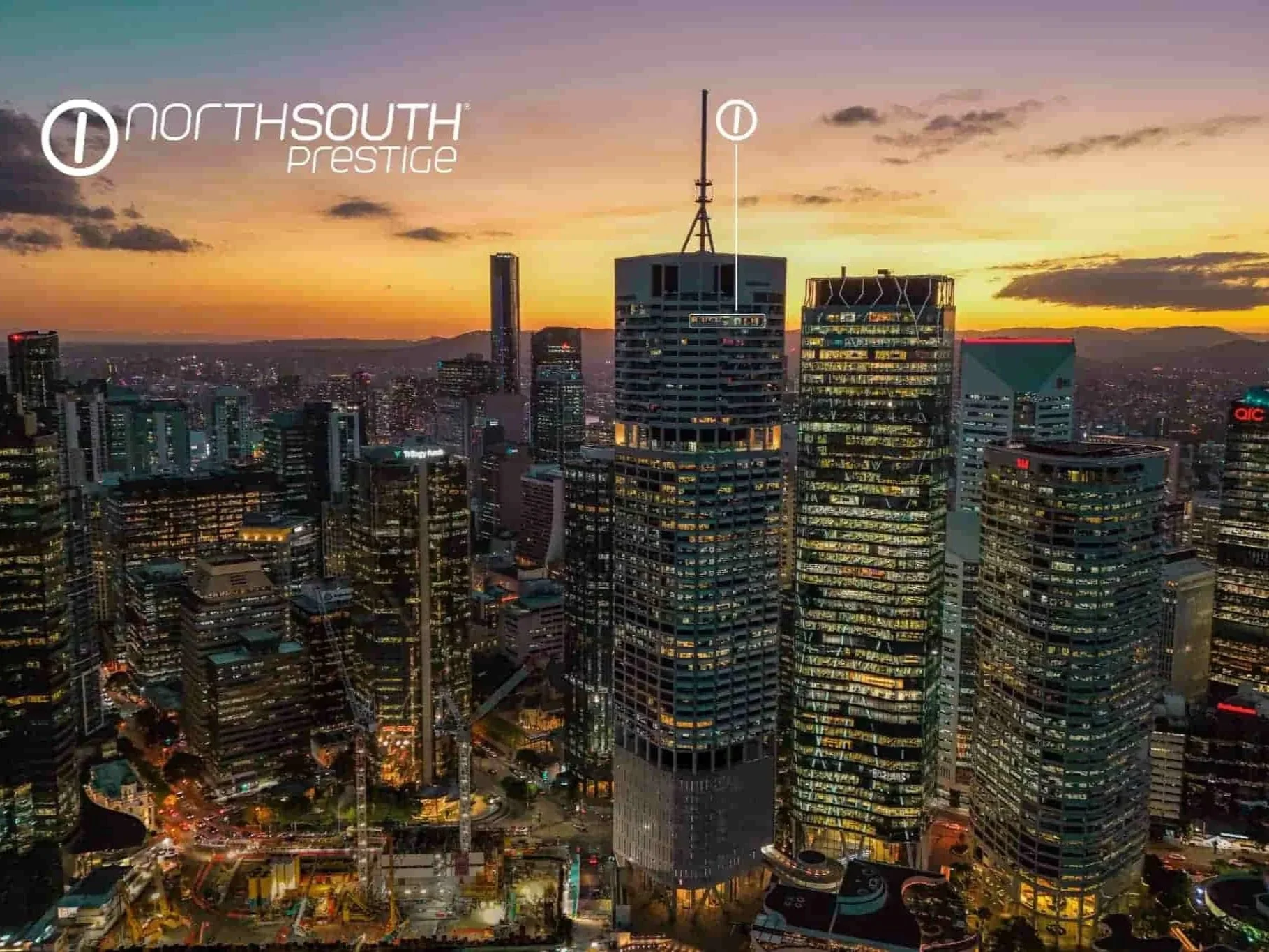 Drone skyline views on sunset – Brisbane properties for sale Riparian Plaza apartment 5002 