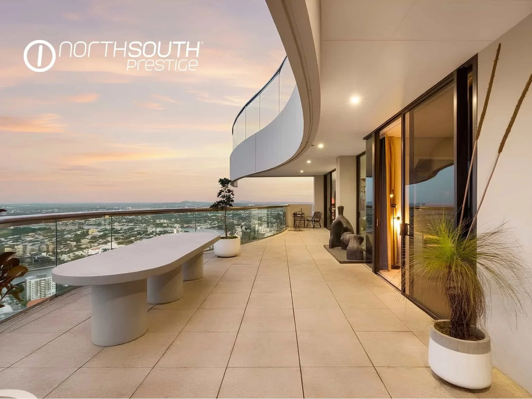 Large balcony with sunset views from level 50 – Brisbane properties for sale Riparian Plaza apartment 5002 