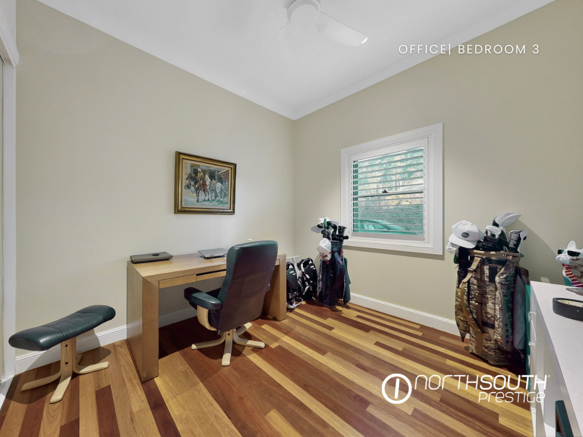 Home office with desk and countryside outlook in rural real estate QLD Scenic Rim property.