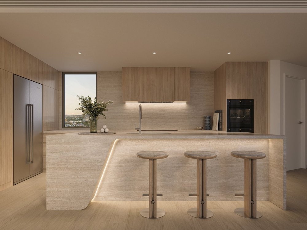 Modern kitchen in Kangaroo Point luxury apartment listed in Brisbane properties for sale