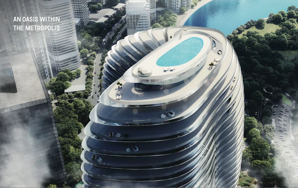 A modern high-rise building with a rooftop pool and lounge area, surrounded by other skyscrapers, trees, and a body of water in a cityscape.