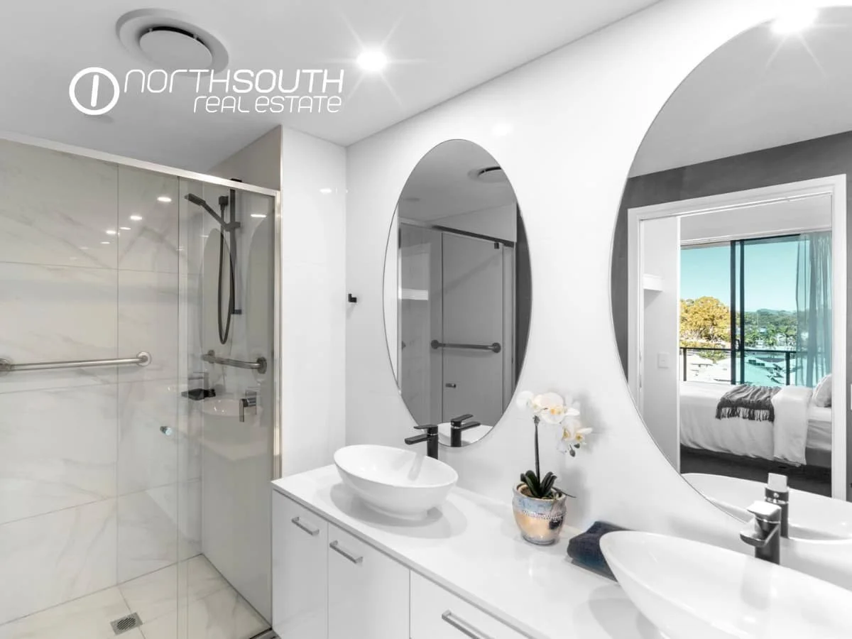 Master Ensuite with double vanity and shower at 3409/5 Harbourside Ct Waterpoint Residences, Biggera Waters QLD. 