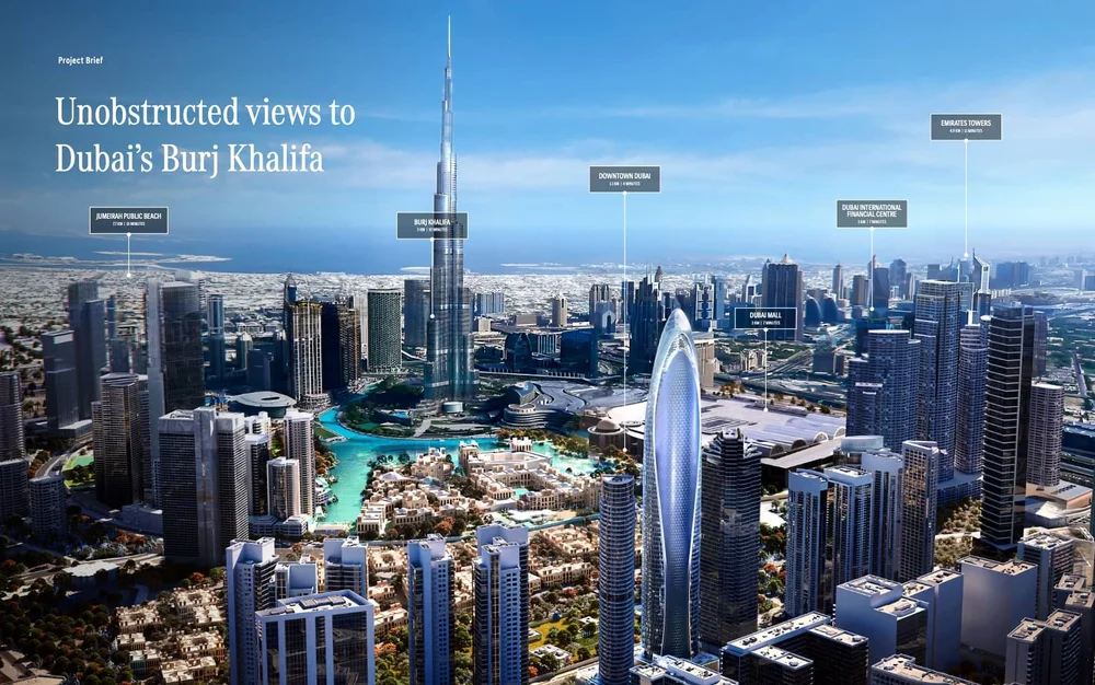Aerial view of Dubai skyline featuring the Burj Khalifa, Dubai Mall, Emirates Towers, and Dubai International Financial Centre with labels and estimated walking times.