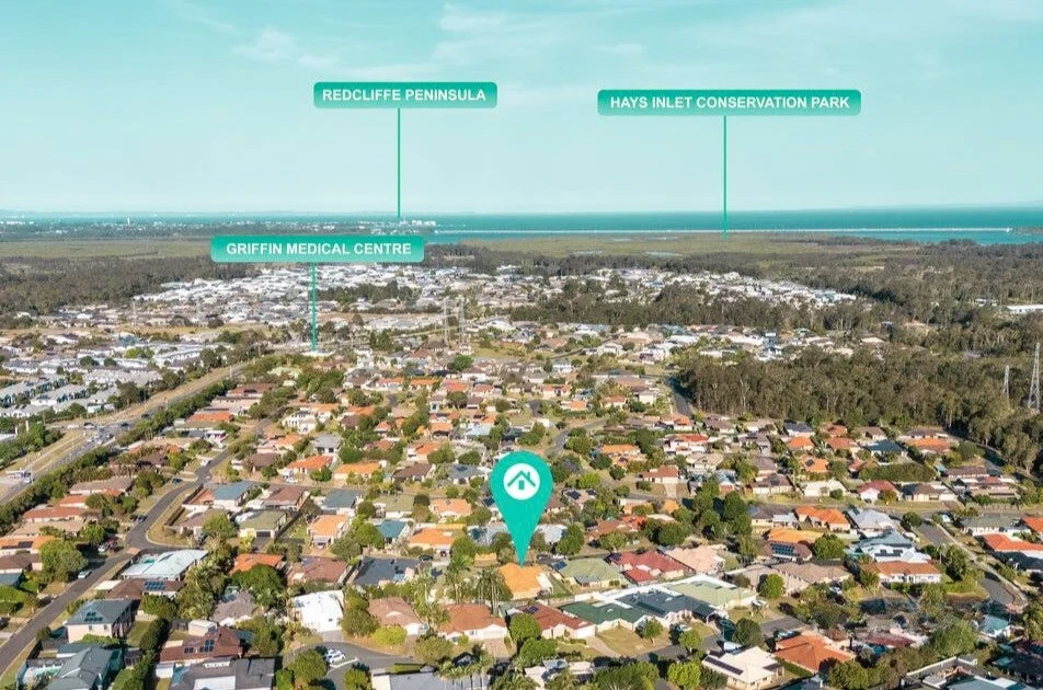 Aerial view showing location of 13 Turquoise Crescent Griffin near Redcliffe Peninsula, Hays Inlet Conservation Park and Griffin Medical Centre.