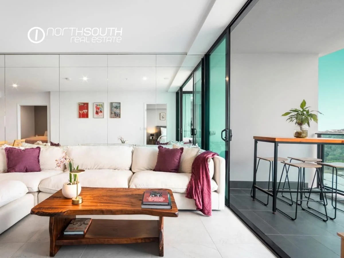 Mirrored wall in theliving area and balcony of 51109 Waterpoint Residences, Biggera Waters QLD.
