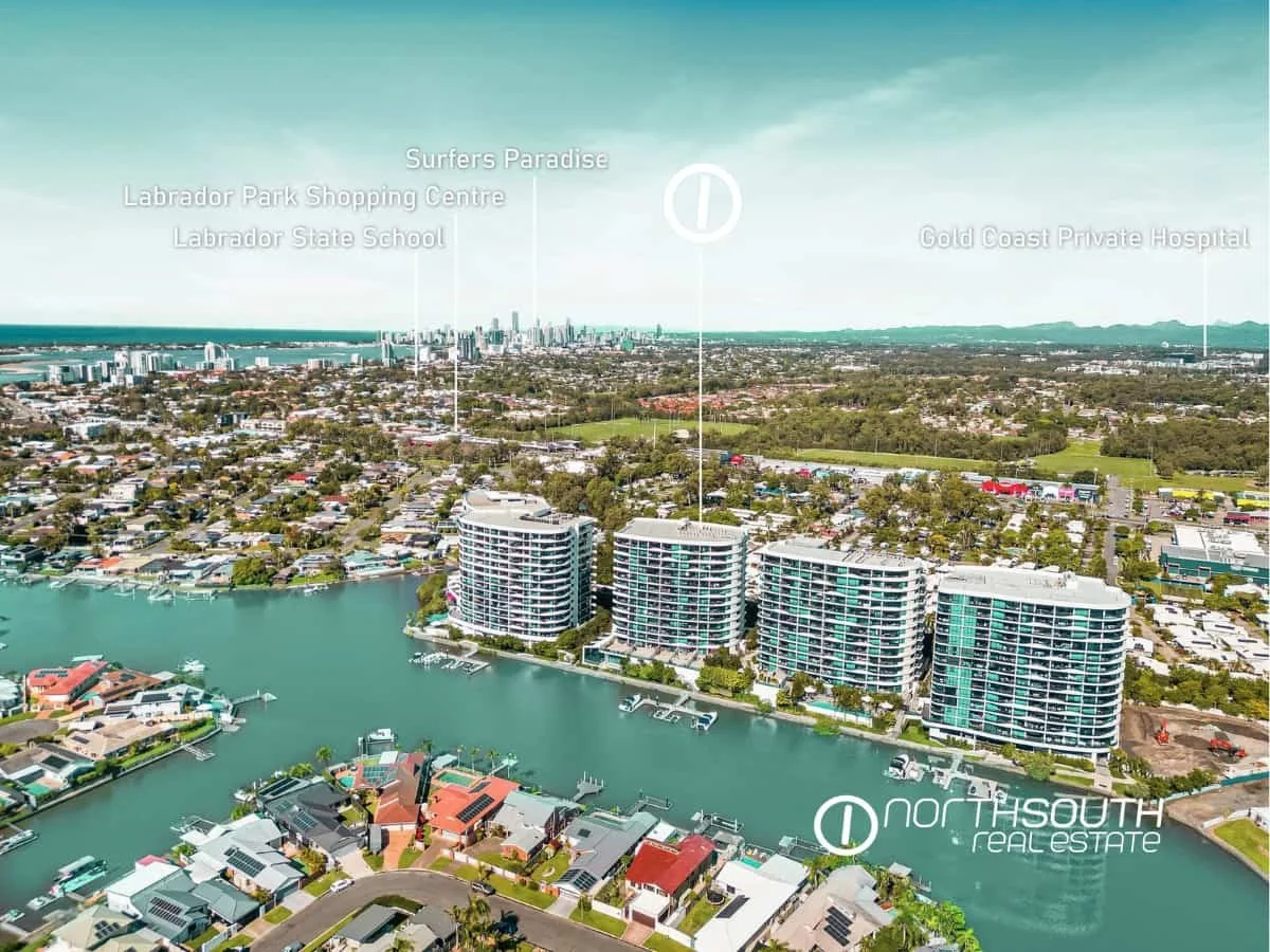 Aerial view of Waterpoint Residences in BIggera Waters overlooking Gold Coast skyline, parks and ocean