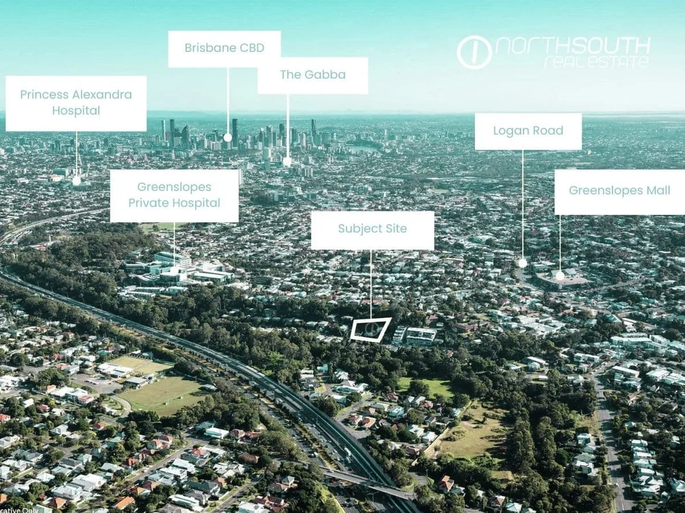 Aerial view of Brisbane, Australia with labels for Princess Alexandra Hospital, Greenslopes Private Hospital, Brisbane CBD skyline, The Gabba, Logan Road, Greenslopes Mall, a subject site, and surrounding residential areas.