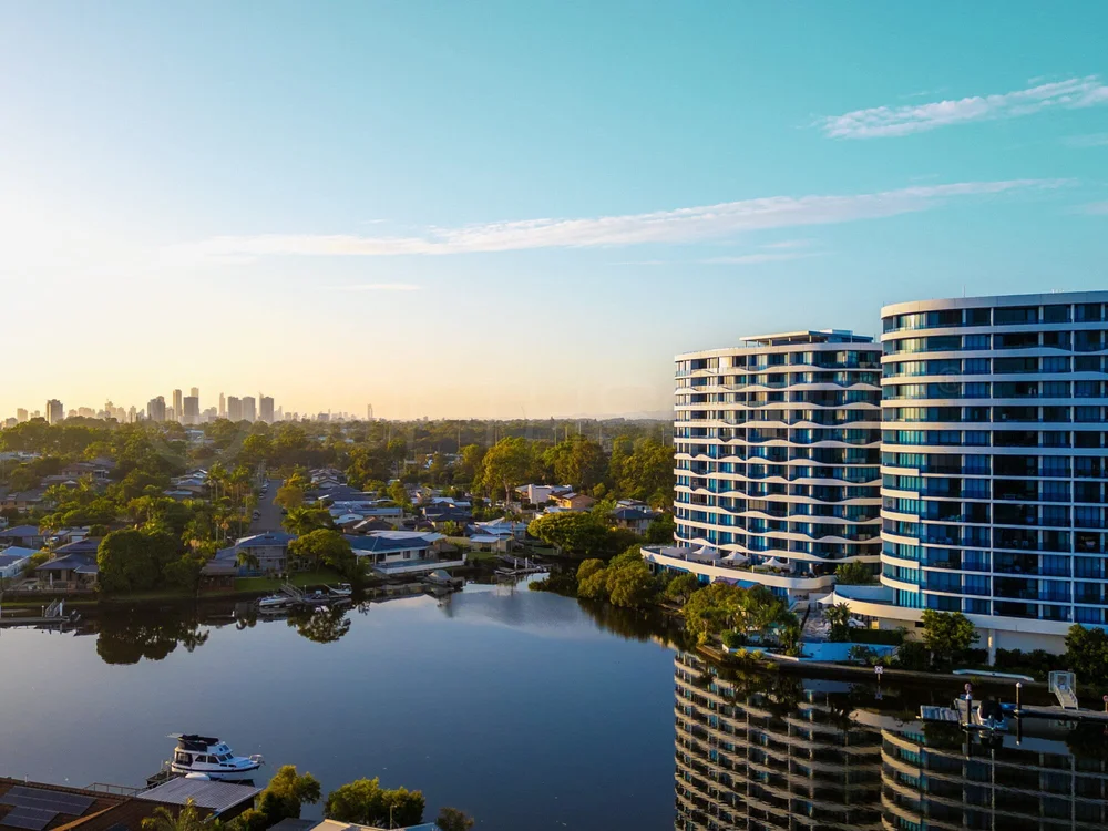 Aerial drone view of Waterpoint Residences and the marina over the Broadwater, Biggera Waters