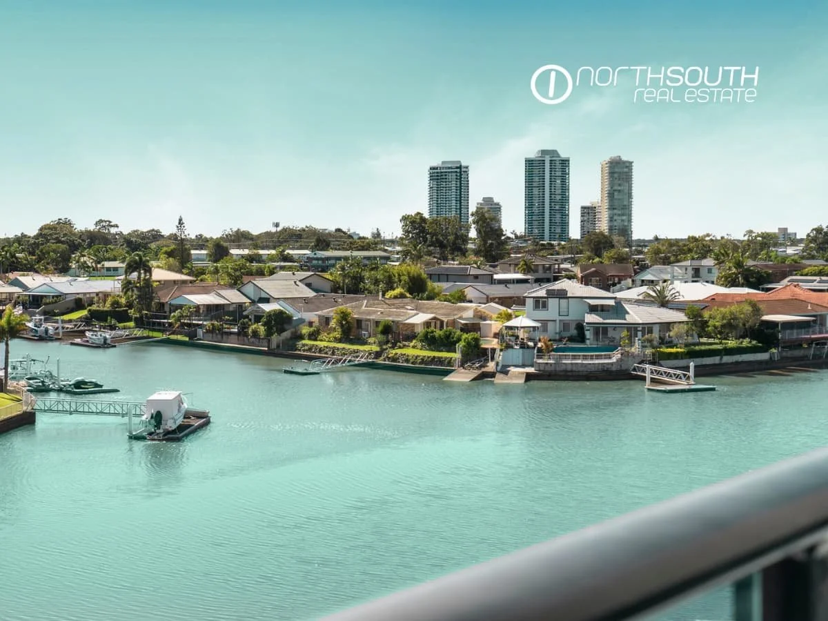 Canal views from the apartment 3303 at Waterpoint Residences at 5 Harbourside Court, Biggera Waters QLD.