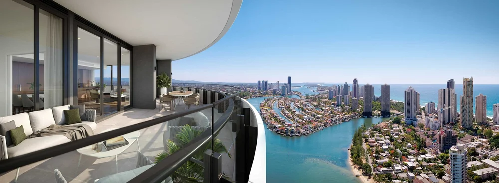 Gold Coast apartment for sale expansive balcony with curved seating and stunning skyline views