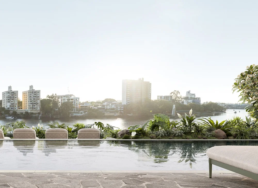 Poolside at Kangaroo Point Brisbane luxury waterfront apartment featured in properties for sale