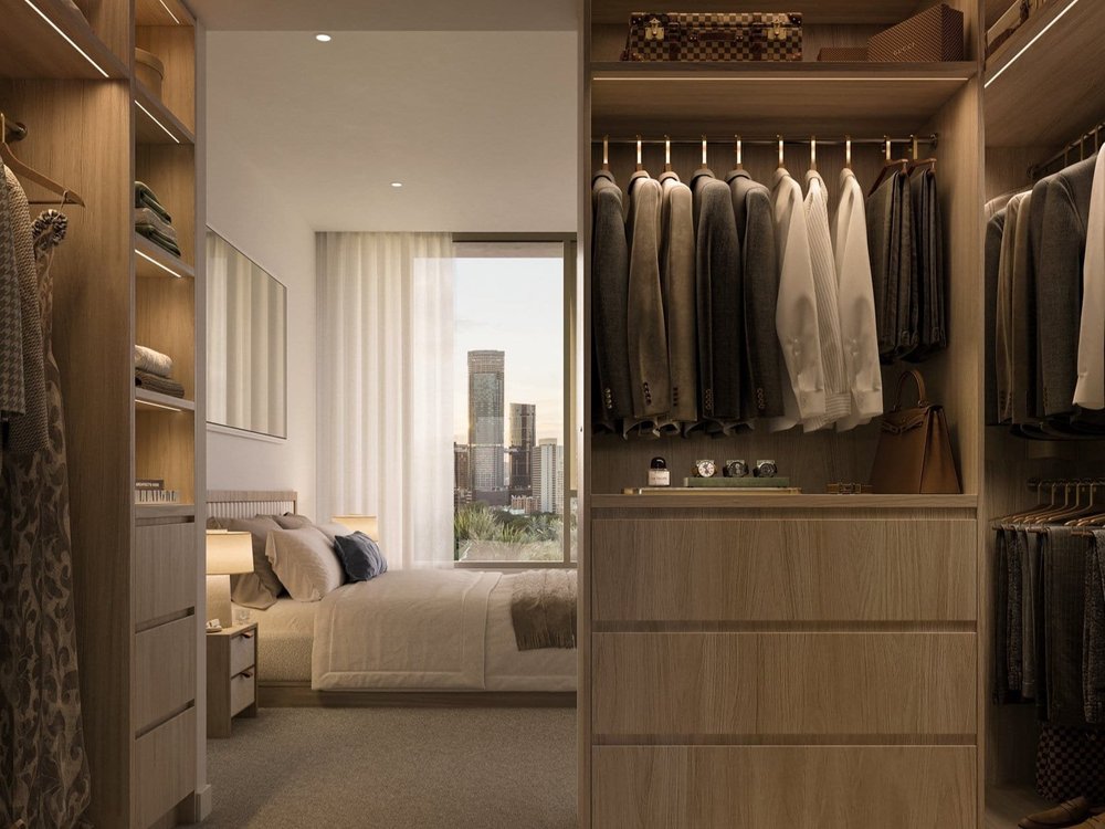 Bedroom with walk-in robe in Kangaroo Point luxury apartment available in Brisbane properties for sale