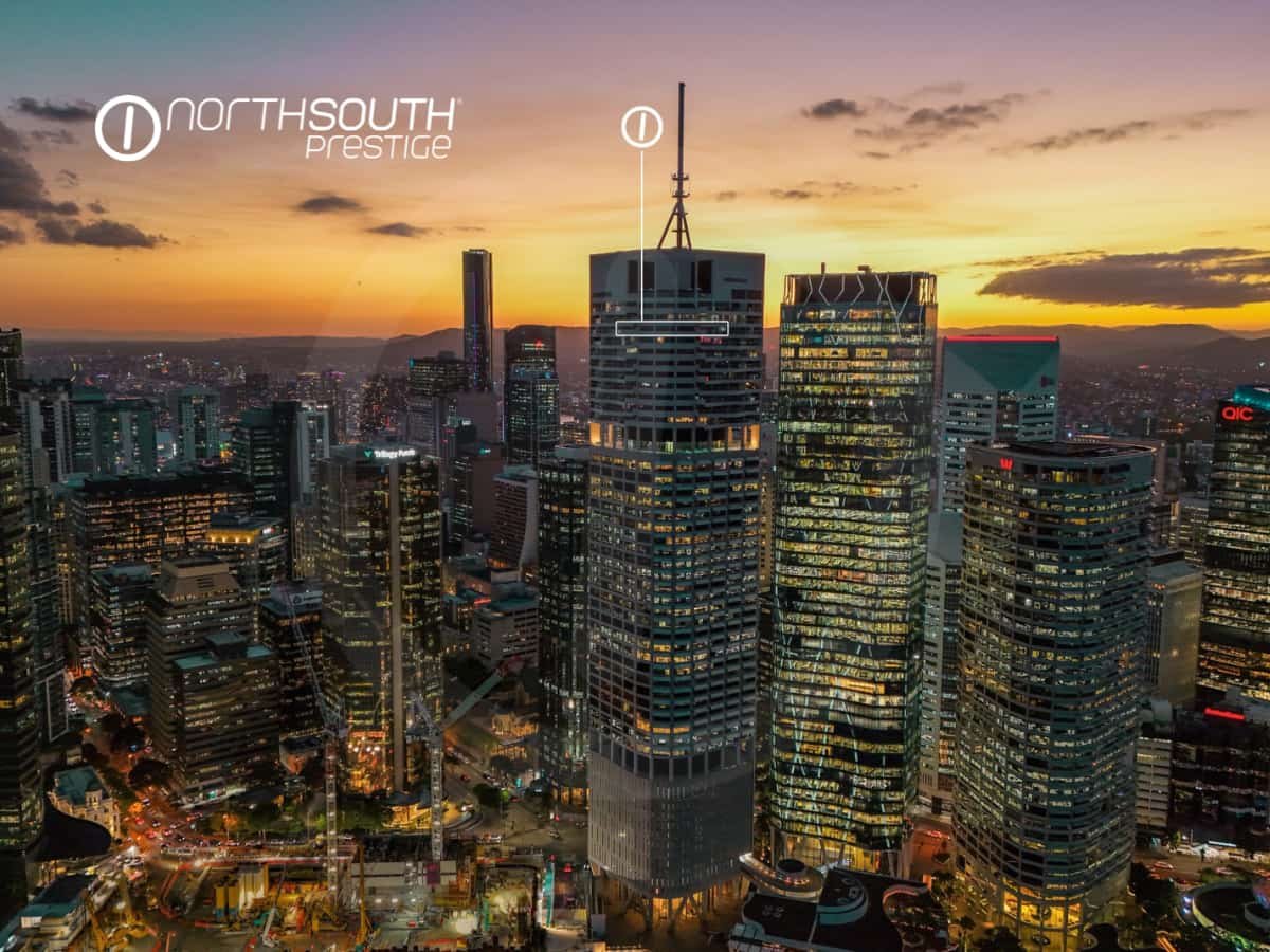 Drone skyline views on sunset – Brisbane properties for sale Riparian Plaza apartment 4903 