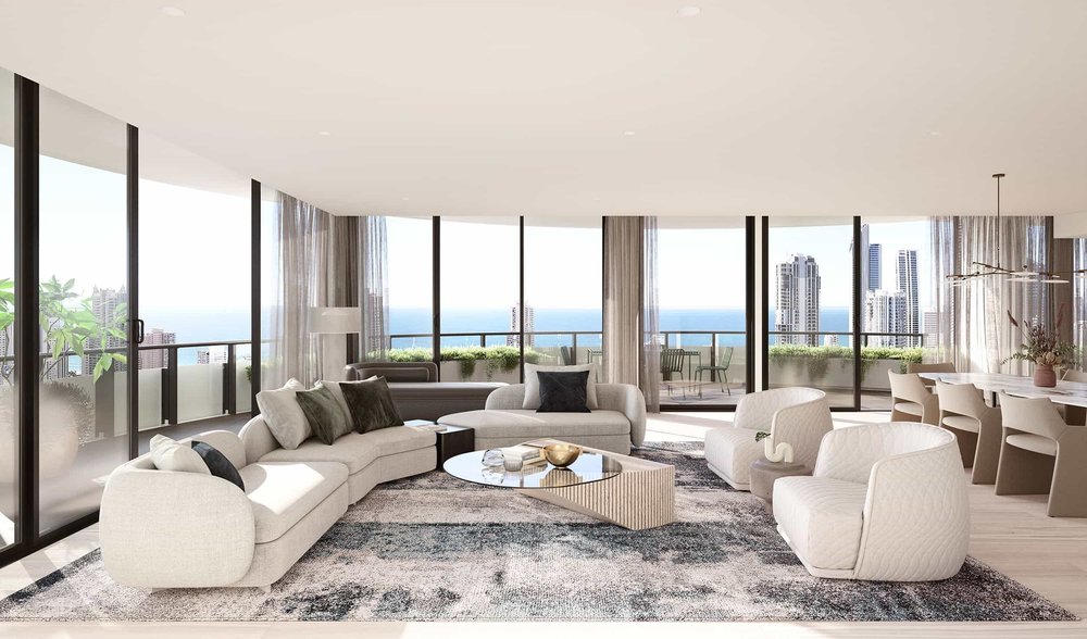 Gold Coast apartment for sale sunlit lounge with designer seating and stunning outlook