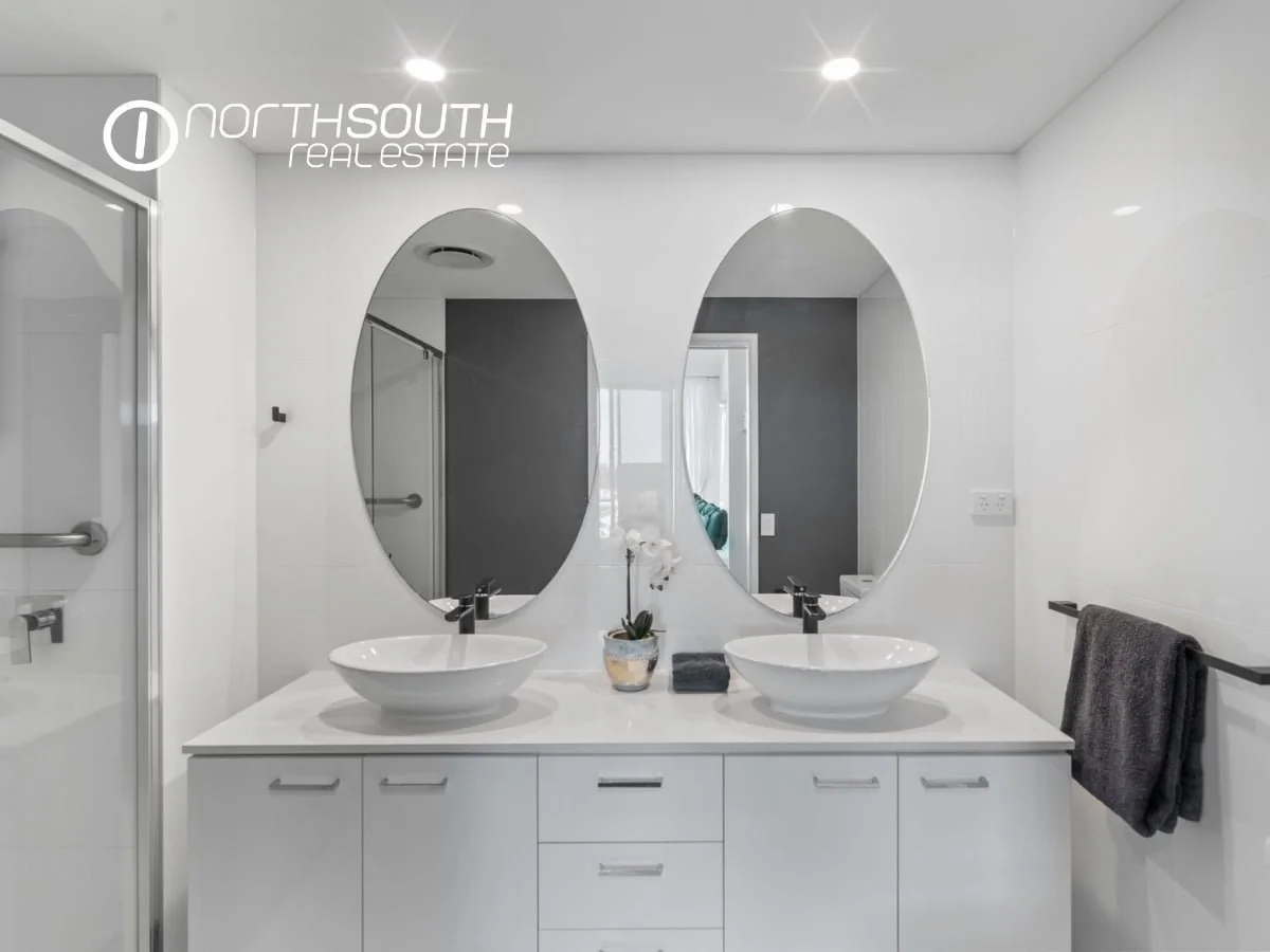 Master Ensuite with double vanity and shower at 3409/5 Harbourside Ct Waterpoint Residences, Biggera Waters QLD. 