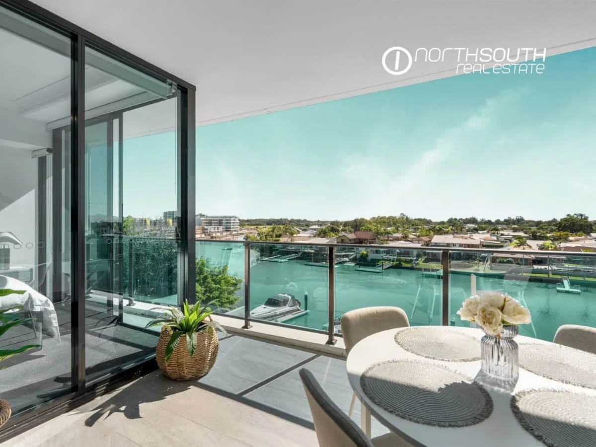 Canal views from the balcony at 3303/5 Harbourside Ct Waterpoint Residences, Biggera Waters QLD.