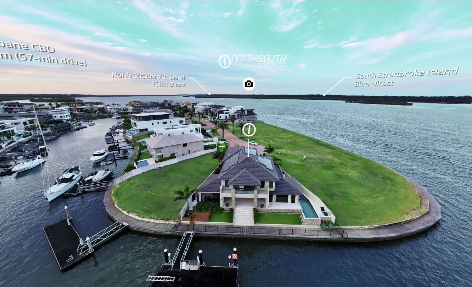 Aerial view of a Sovereign Islands waterfront home with its pool and canal frontage, Gold Coast