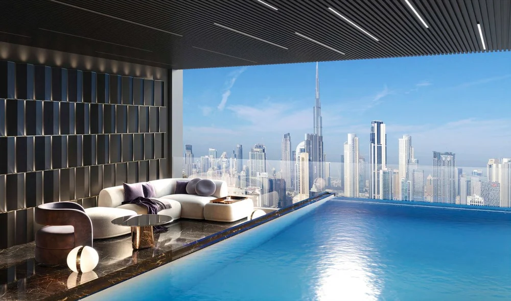 Luxury rooftop lounge with city skyline view, swimming pool, modern furniture, and sunlight.