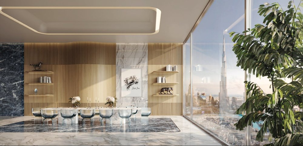 Modern high-rise living room with large windows, city view, wooden wall decor, marble floor, and contemporary furniture.