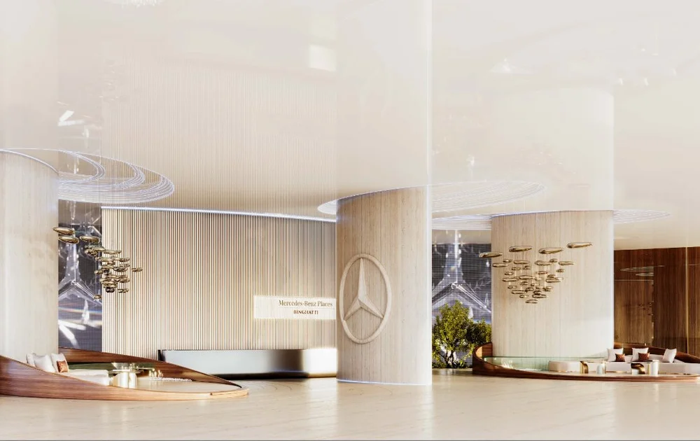 Modern Mercedes-Benz dealership lobby with wooden accents, a Mercedes logo on a round pillar, and a reception desk.