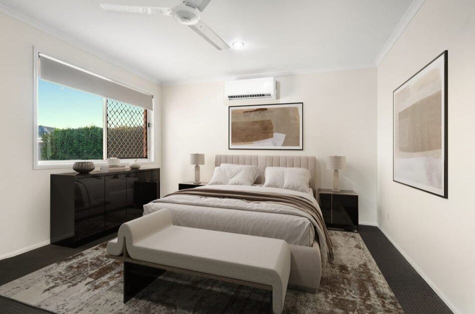Main bedroom with air conditioning, ceiling fan and soft natural light at 13 Turquoise Crescent Griffin secured through NSRE buyer advocacy.