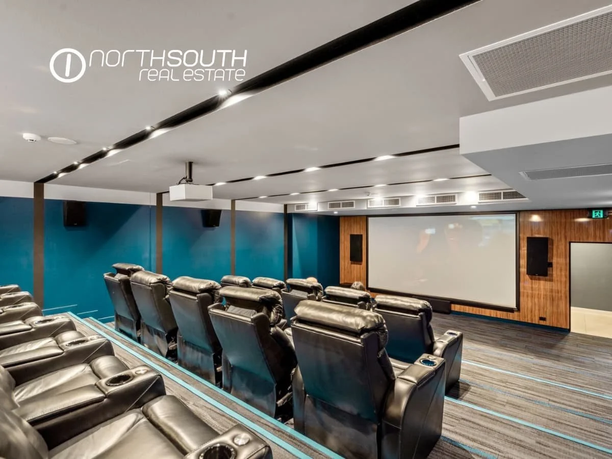 Private Theatre with 16 reclining chairs at Waterpoint Residences, Biggera Waters QLD.