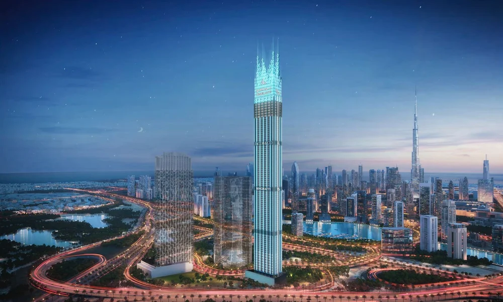 Futuristic digital rendering of the Burj Khalifa in Dubai illuminated at night, with surrounding cityscape and highways showing light trails.