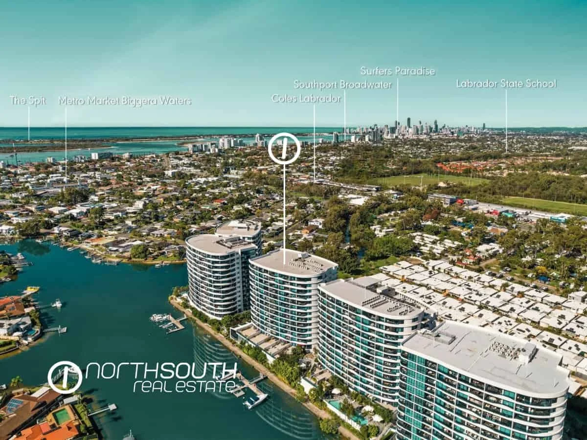 Aerial view of Waterpoint Residences in Biggera Waters overlooking Gold Coast skyline and ocean