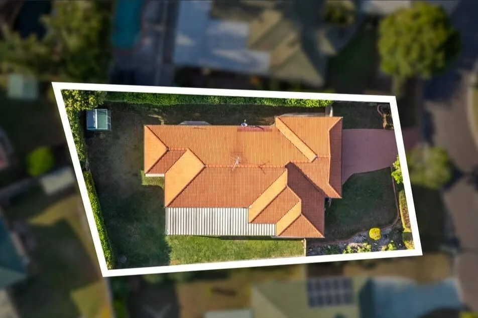 Drone aerial showing roof layout and full block footprint of 13 Turquoise Crescent Griffin highlighting generous land size