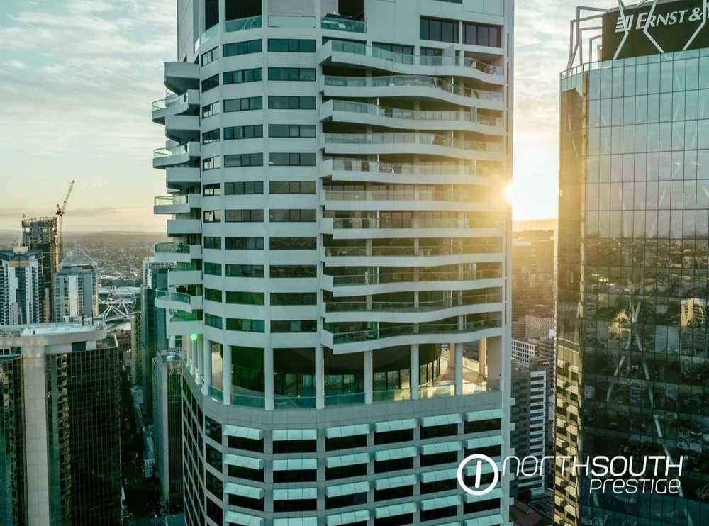 Drone view of the Riparian Plaza tower on the Brisbane River at 71 Eagle Street