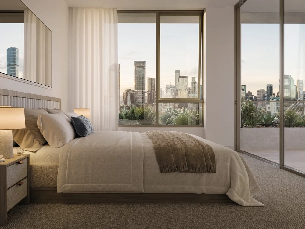 Master bedroom with scenic views in Kangaroo Point luxury apartment listed among Brisbane properties for sale