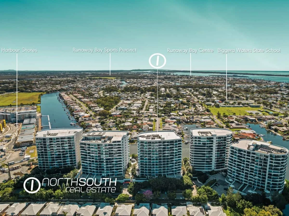 Aerial view of Waterpoint Residences in Biggera Waters overlooking Runaway Bay and Canal