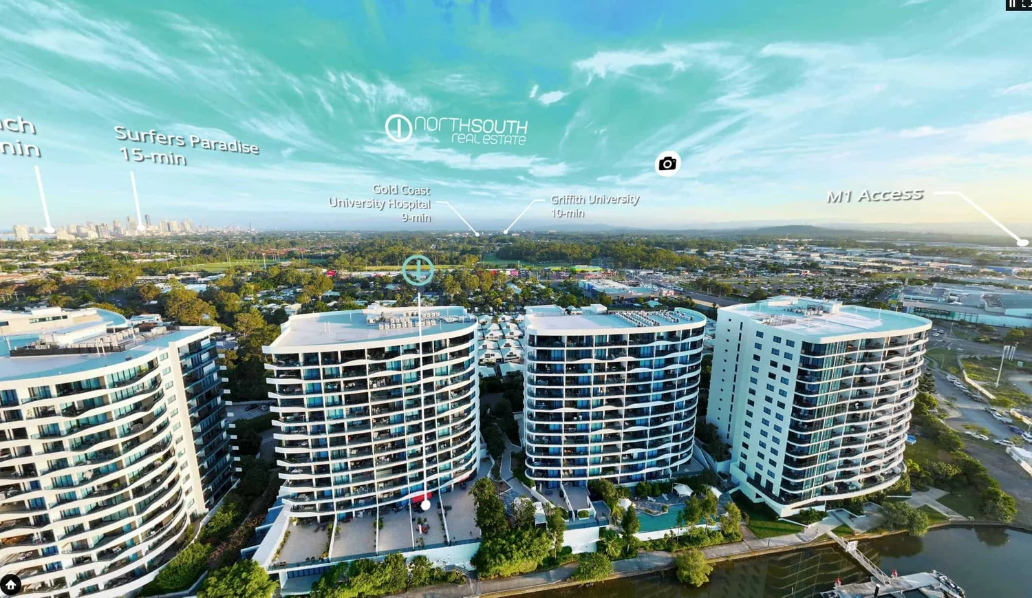 Aerial view of the Waterpoint Residences towers at Biggera Waters on the Gold Coast