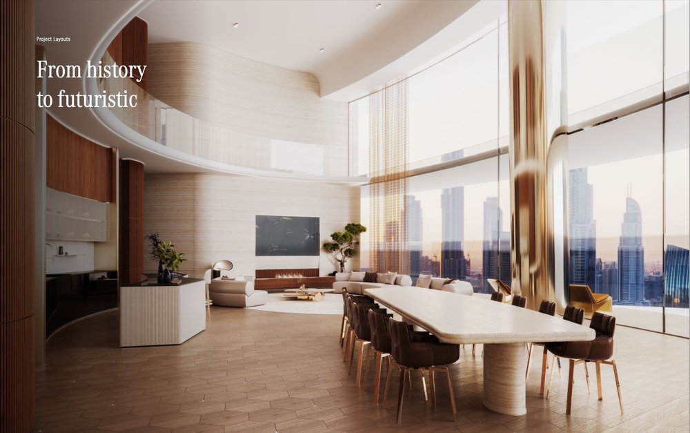 Modern office or conference room with large windows, high-rise city skyline view, wooden floors, a long dining table with chairs, and a sitting area with sofas and a tree.