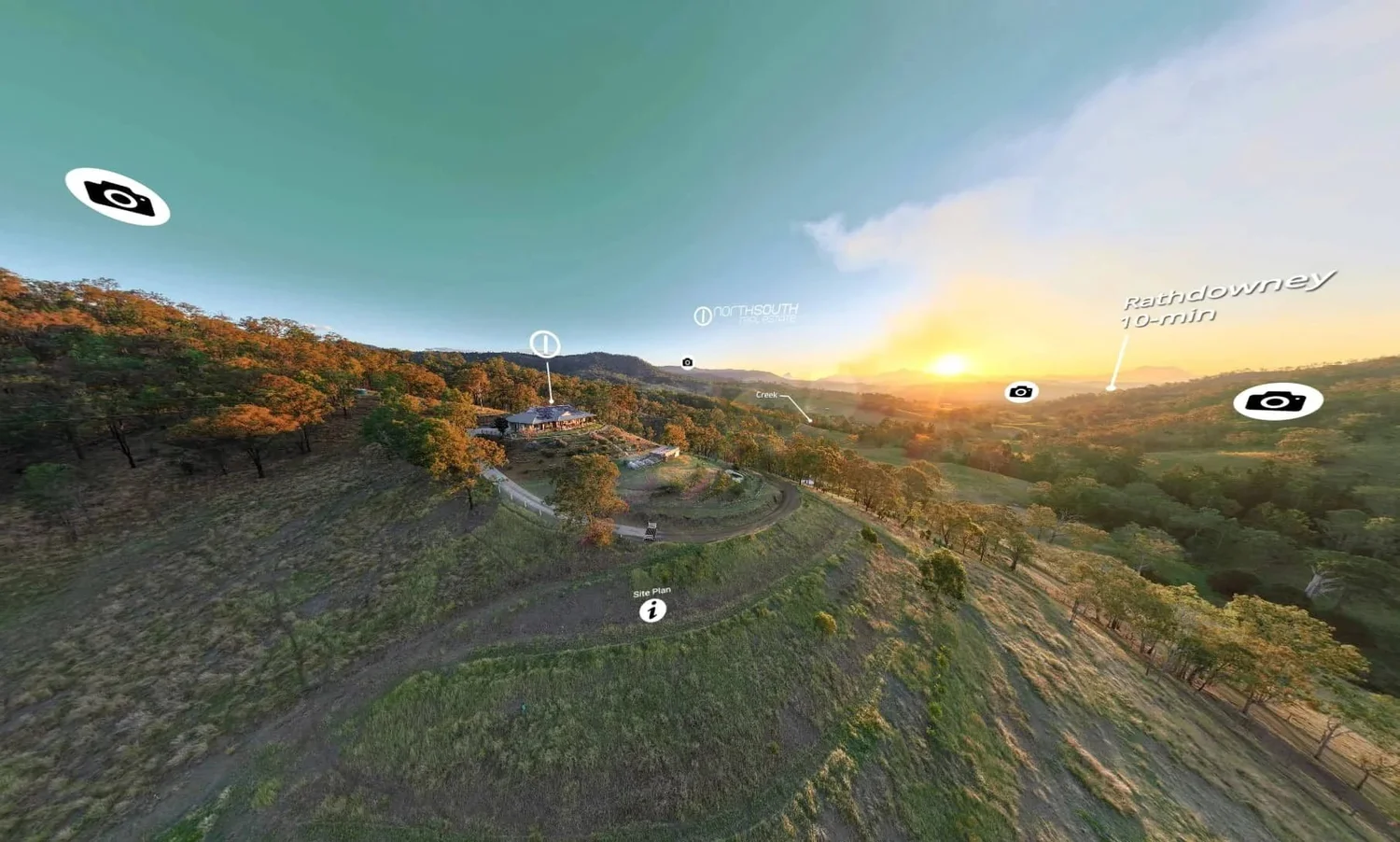 Running Creek acreage photographed from the air for a 360 degree interactive tour