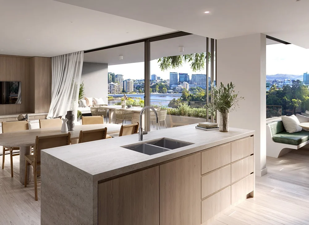 Modern kitchen in luxury waterfront apartment in Kangaroo Point Brisbane included in properties for sale