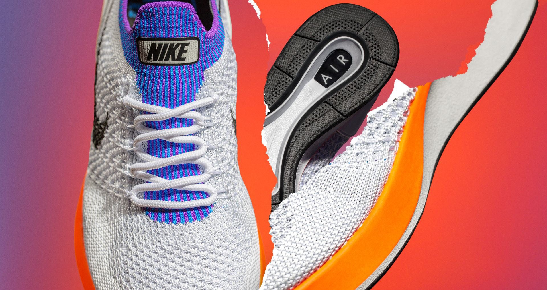 A close-up of a Nike running shoe and a Nike sneaker midsole on a red background. The shoe features a white and purple knit upper with white laces and a Nike logo patch on the tongue. The other sneaker part shows a black and white sole with a circula