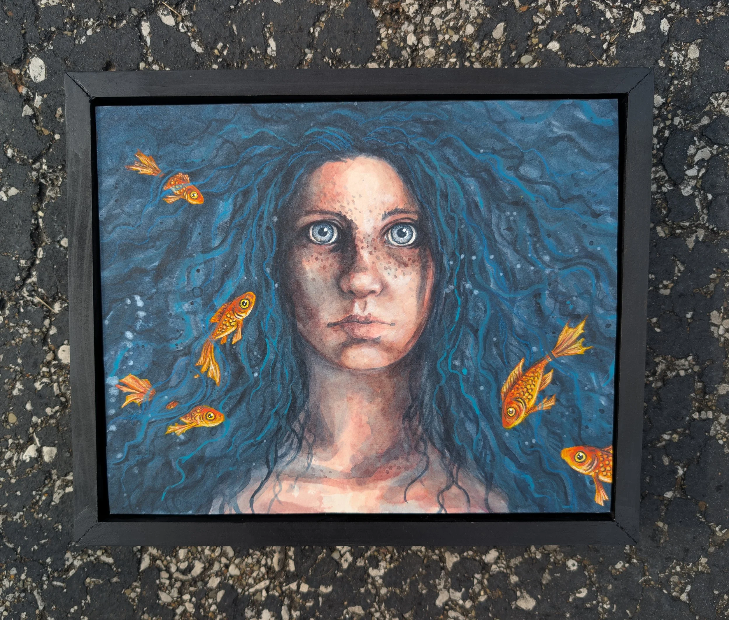 Goldfish Girl watercolor and ink painting 8x10 inches in wood float frame