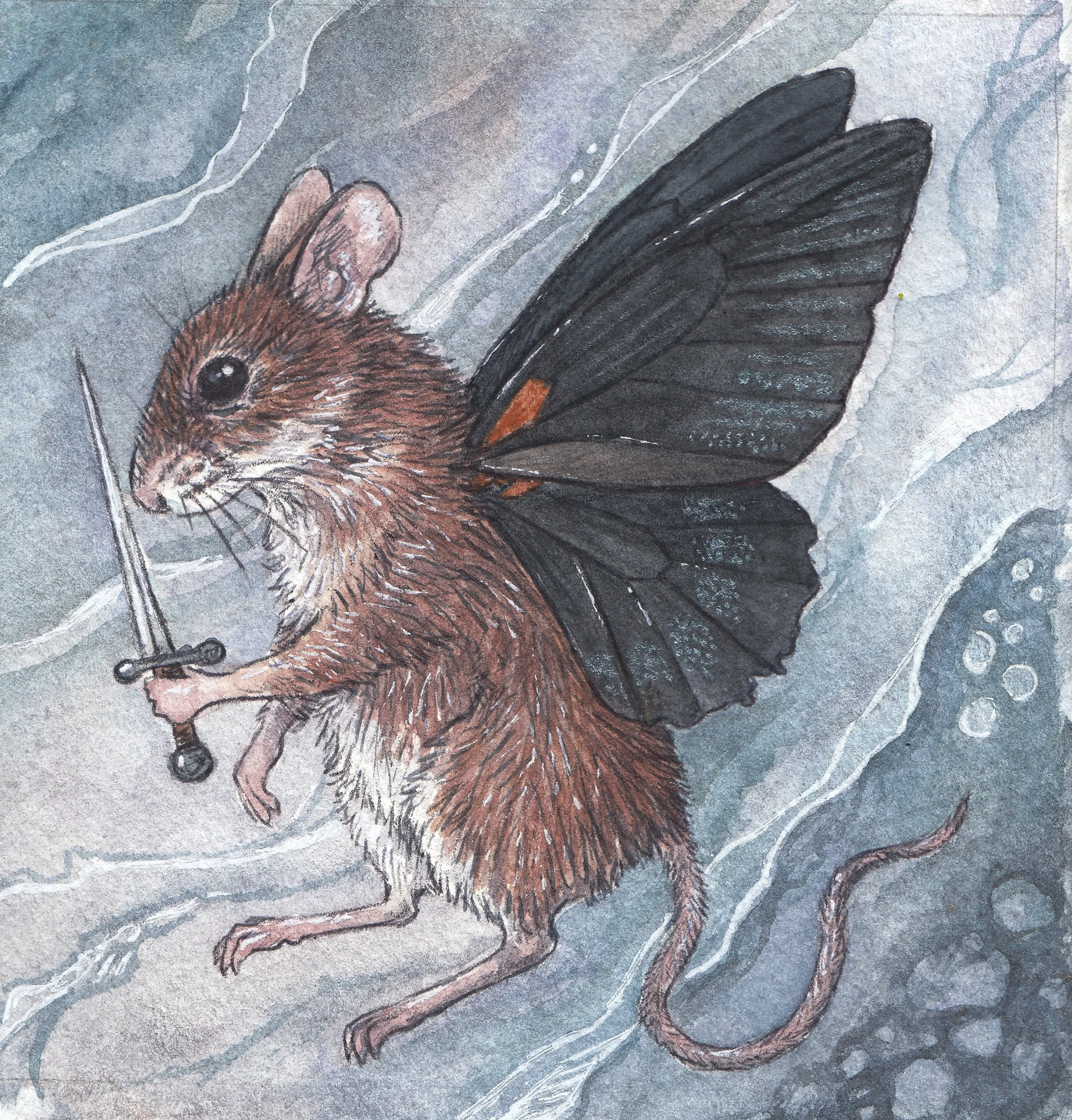 Mouse Warrior Watercolor and ink 4x4 painting
