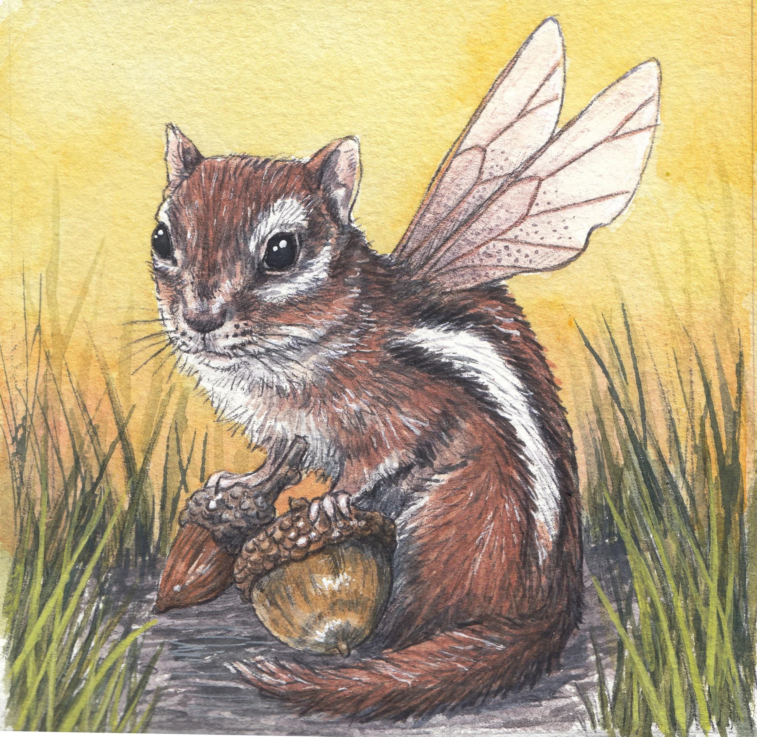 Chipmunk Fairy Watercolor and ink 4x4 painting